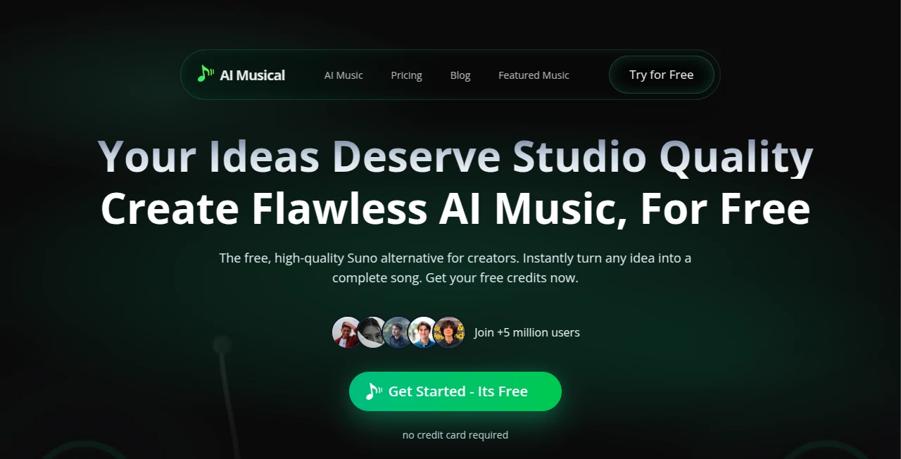 Screenshot of Suno AI Musical – An AI tool in the ,AI Lyrics Generator ,AI Music Generator ,AI Text to Music ,AI Singing Generator  category, showcasing its interface and key features.