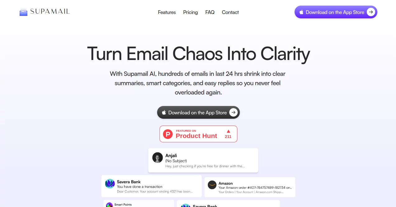 Screenshot of Supamail – An AI tool in the ,AI Summarizer ,AI Email Assistant ,AI Response Generator ,AI Productivity Tools  category, showcasing its interface and key features.