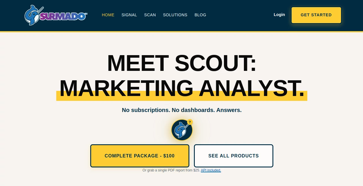 Screenshot of Surmado – An AI tool in the ,AI SEO Assistant ,AI Marketing Plan Generator ,AI Research Tool ,AI Analytics Assistant  category, showcasing its interface and key features.