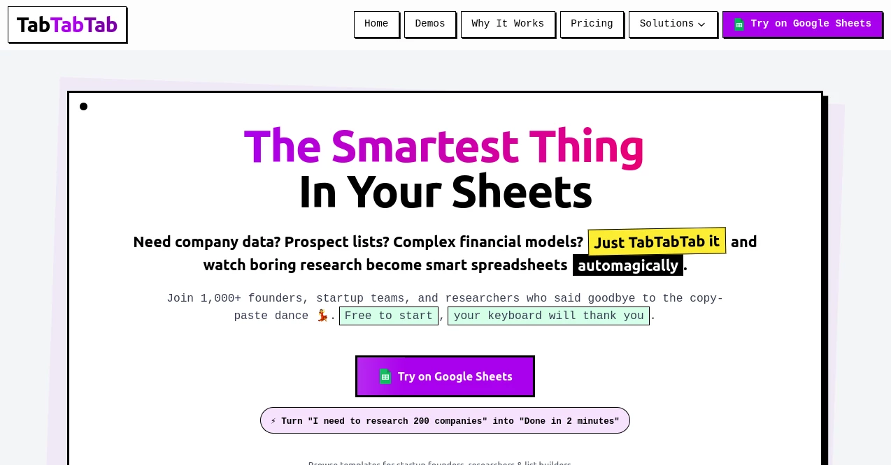 Screenshot of Tab Tab Tab – An AI tool in the ,AI Research Tool ,AI Knowledge Management ,AI Spreadsheet ,AI Productivity Tools ,AI Project Management  category, showcasing its interface and key features.