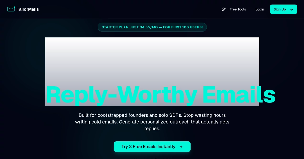 Screenshot of TailorMails – An AI tool in the ,AI Writing Assistants ,AI CRM Assistant ,AI Email Generator ,AI Lead Generation  category, showcasing its interface and key features.