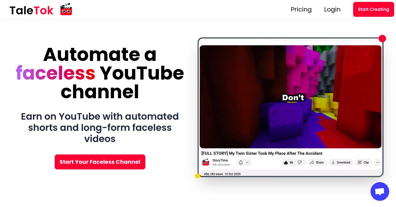 Screenshot of TaleTok – An AI tool in the ,AI Content Generator ,AI Video Generator ,AI Short Clips Generator ,AI YouTube Assistant  category, showcasing its interface and key features.