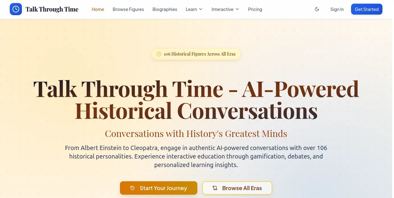 Screenshot of Talk Through Time – An AI tool in the ,AI Chatbot ,AI Life Assistant ,AI Fun Tools ,AI Education Assistant  category, showcasing its interface and key features.