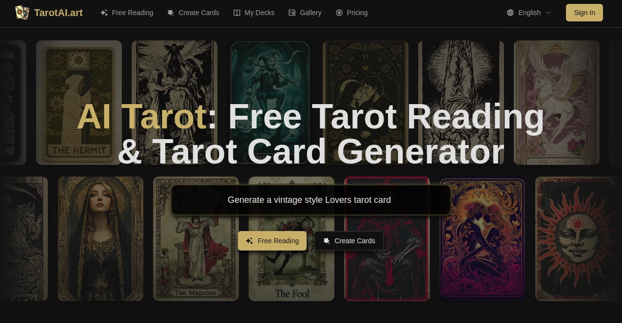 Screenshot of TarotAI.art – An AI tool in the ,AI Image to Image ,AI Art Generator ,AI Life Assistant ,AI Fun Tools  category, showcasing its interface and key features.