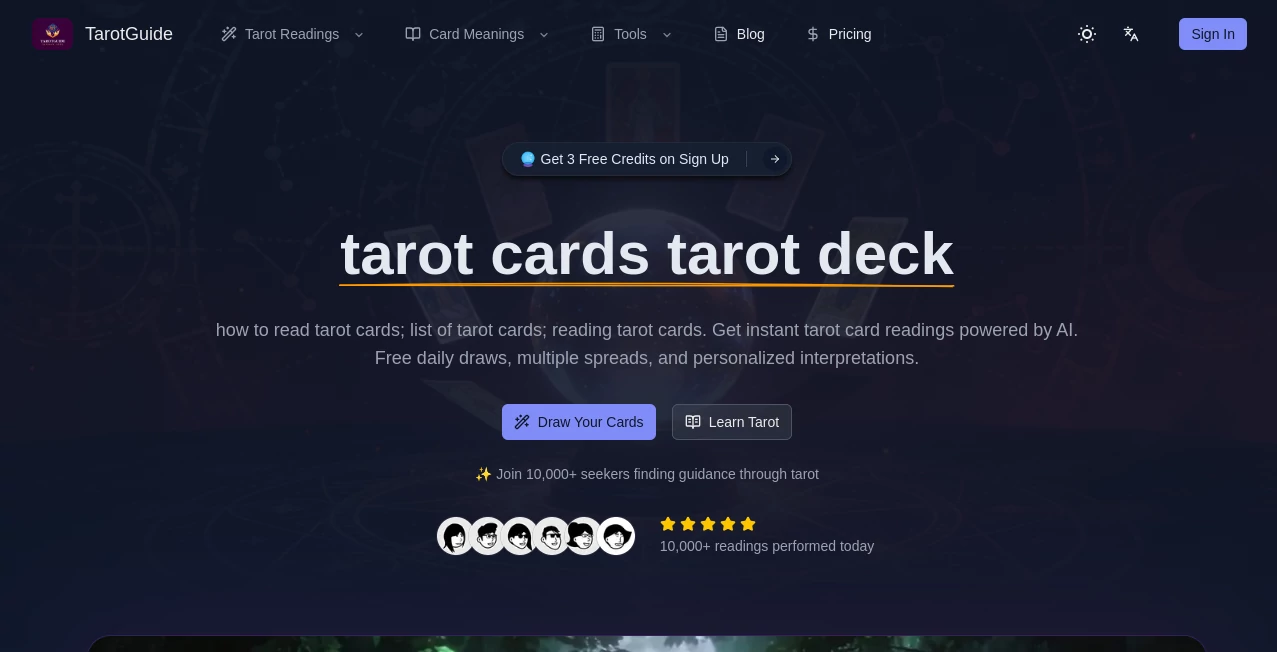 Screenshot of tarotguide – An AI tool in the ,AI Life Assistant ,AI Fun Tools  category, showcasing its interface and key features.