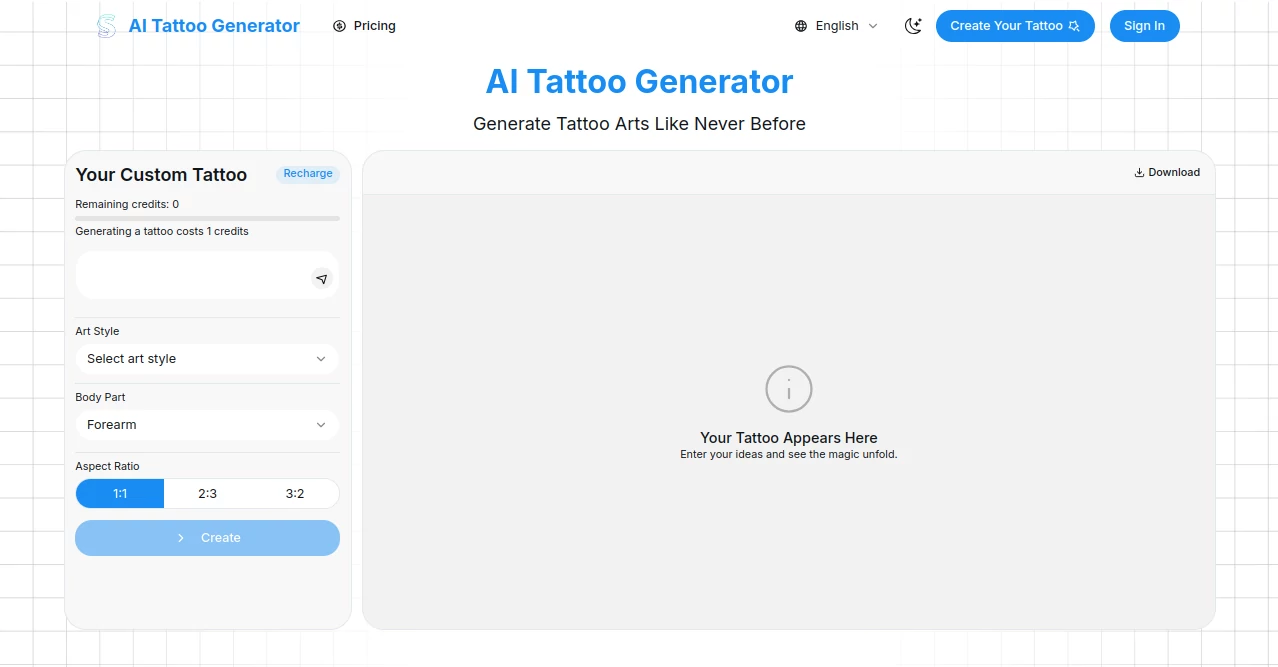 Screenshot of AI Tattoo Generator – An AI tool in the ,AI Tattoo Generator  category, showcasing its interface and key features.