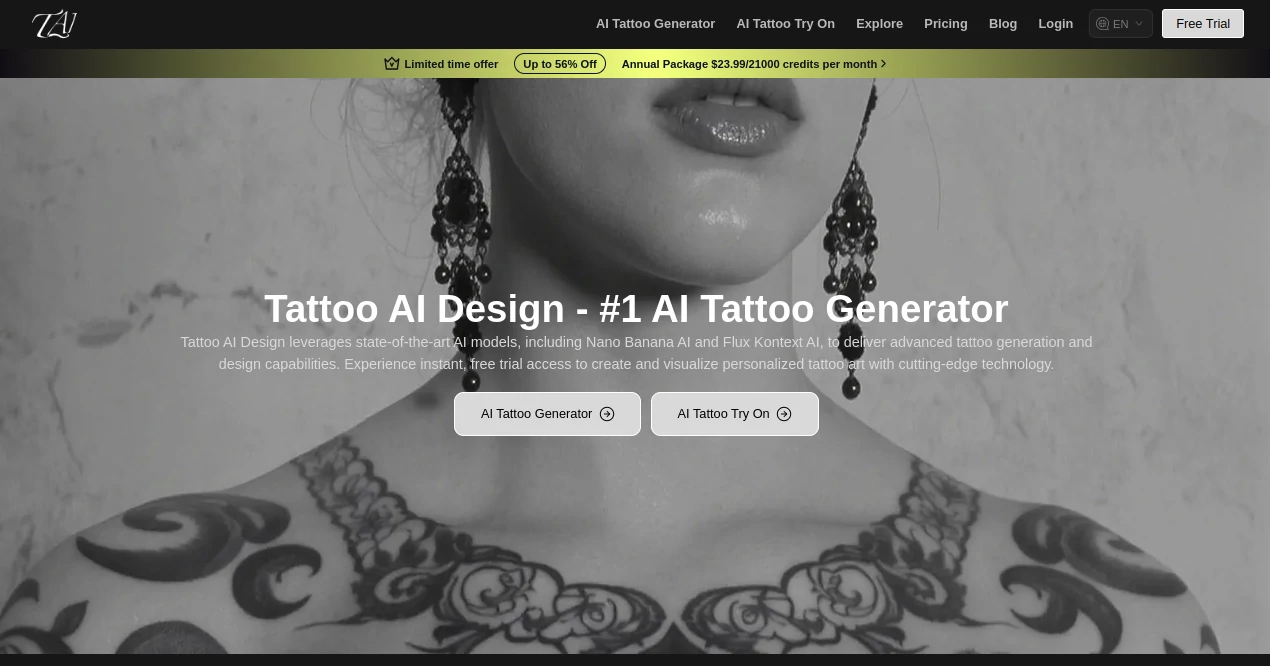 Screenshot of Tattoo AI Design – An AI tool in the ,AI Photo & Image Generator ,Photo & Image Editor ,AI Tattoo Generator ,AI Design Generator  category, showcasing its interface and key features.