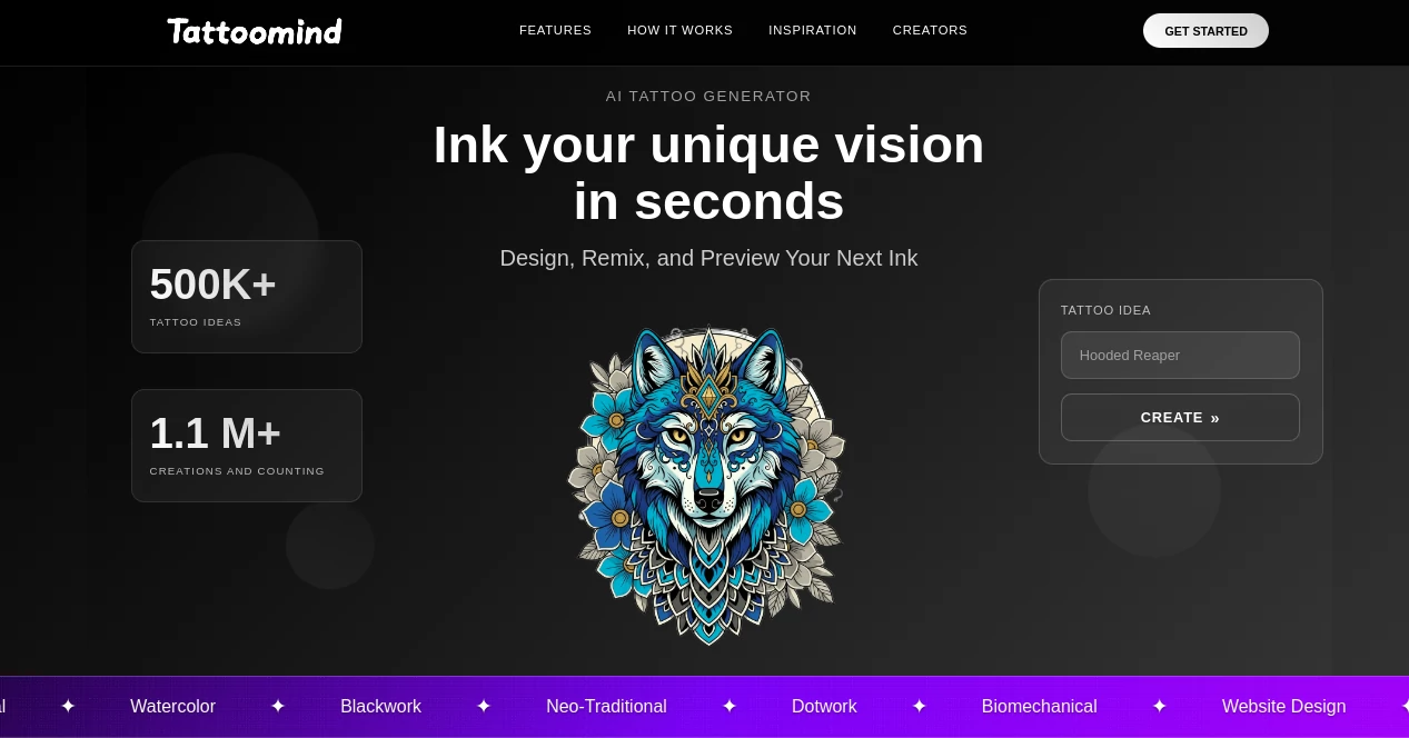Screenshot of Tattoomind AI – An AI tool in the ,Photo & Image Editor ,AI Tattoo Generator ,AI Image to Image ,AI Design Generator  category, showcasing its interface and key features.