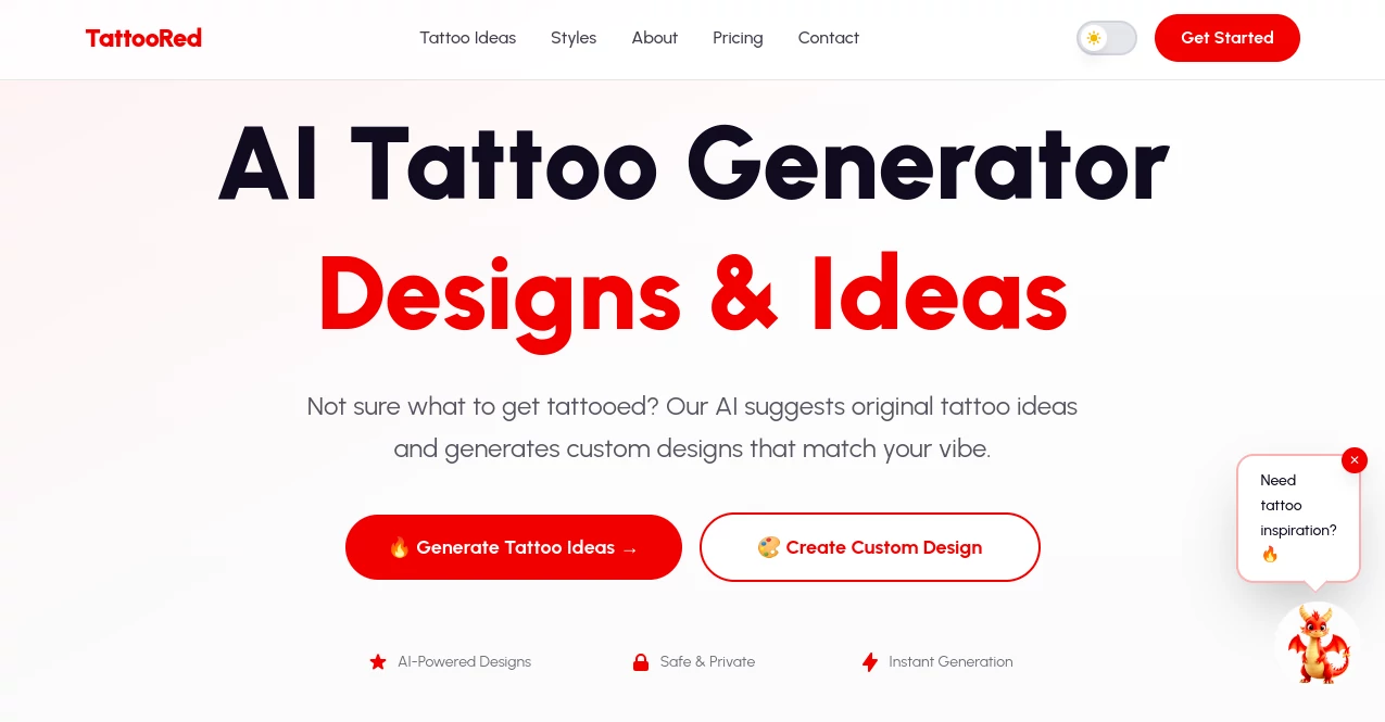 Screenshot of TattooRed – An AI tool in the ,AI Tattoo Generator ,AI Art Generator ,AI Design Generator  category, showcasing its interface and key features.