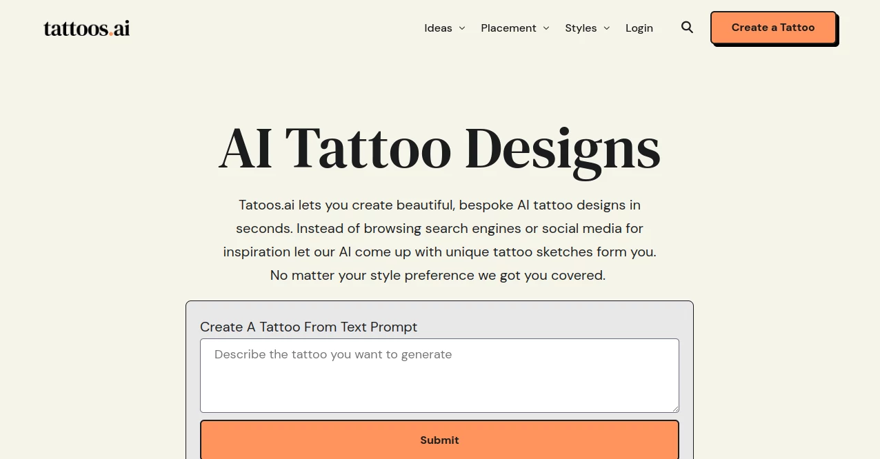 Screenshot of Tattoos AI – An AI tool in the ,AI Tattoo Generator  category, showcasing its interface and key features.