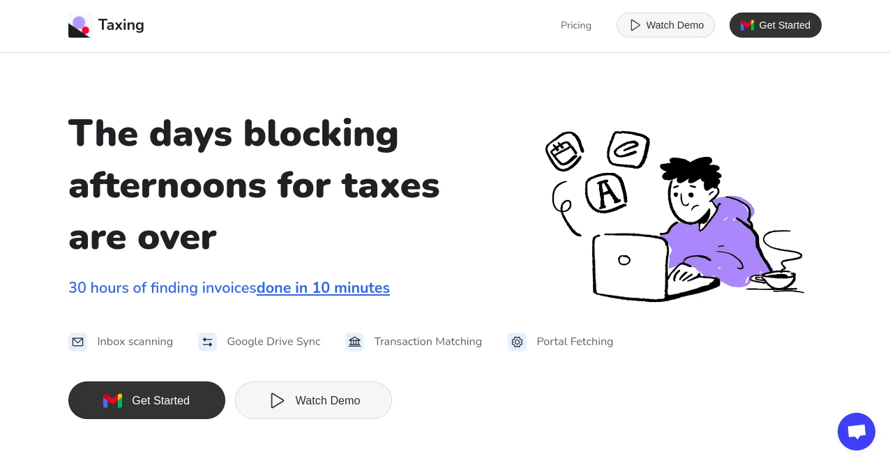Screenshot of Taxing – An AI tool in the ,AI Accounting Assistant ,AI Tax Assistant ,AI E-commerce Assistant ,AI Productivity Tools  category, showcasing its interface and key features.
