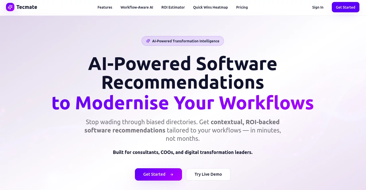 Screenshot of Tecmate – An AI tool in the ,AI Research Tool ,AI Consulting Assistant ,AI Workflow Management ,AI Project Management  category, showcasing its interface and key features.