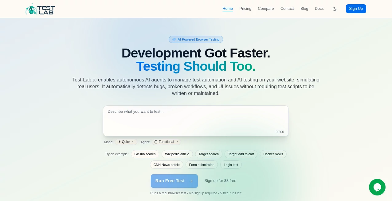 Screenshot of Test-Lab.ai – An AI tool in the ,AI Code Assistant ,AI Testing & QA ,AI Developer Tools ,AI Workflow Management  category, showcasing its interface and key features.