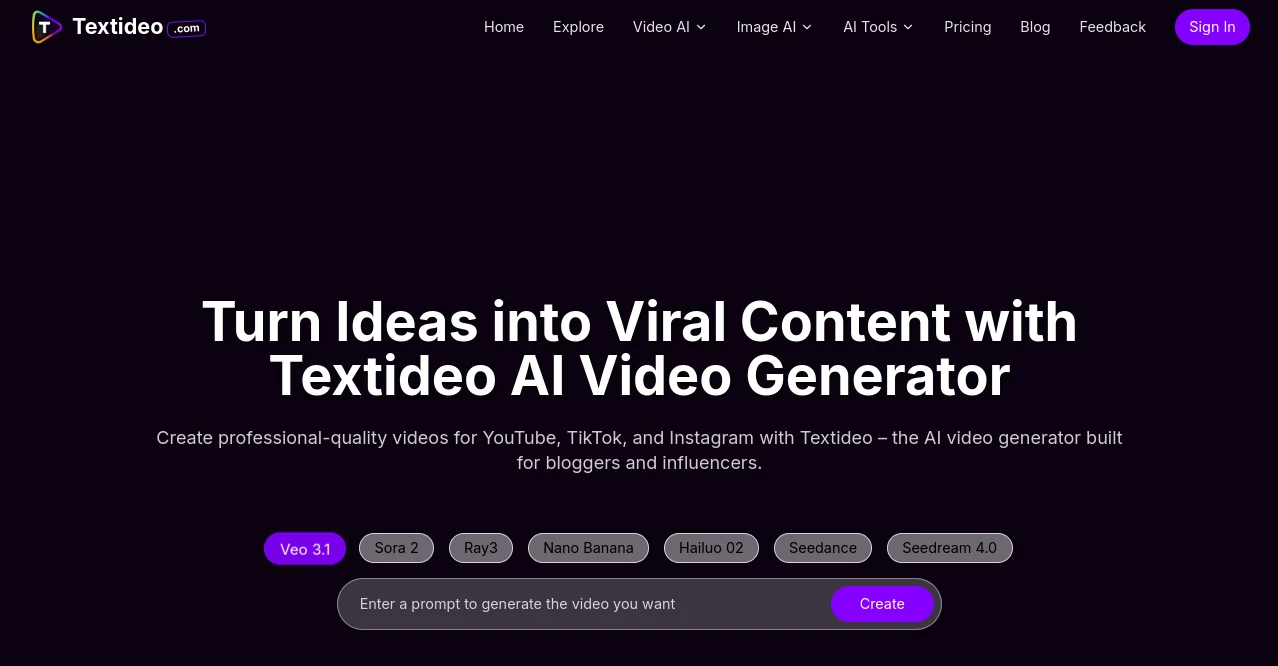 Screenshot of Textideo – An AI tool in the ,AI Image to Image ,AI Image to Video ,AI Text to Video ,AI Video Generator  category, showcasing its interface and key features.