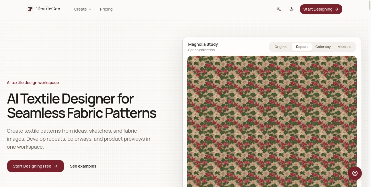 Screenshot of textile gen – An AI tool in the ,AI Photo & Image Generator ,AI Pattern Generator ,AI Design Generator ,AI Graphic Design  category, showcasing its interface and key features.