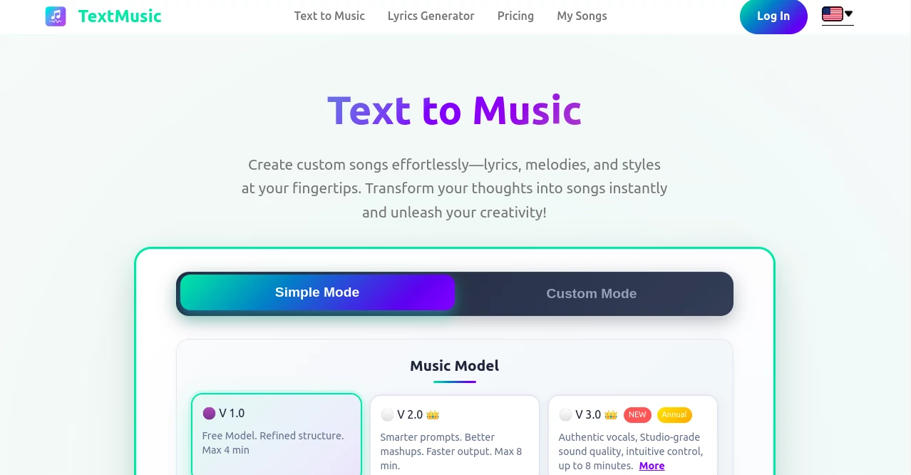 Screenshot of TextMusic – An AI tool in the ,AI Lyrics Generator ,AI Music Generator ,AI Text to Music  category, showcasing its interface and key features.