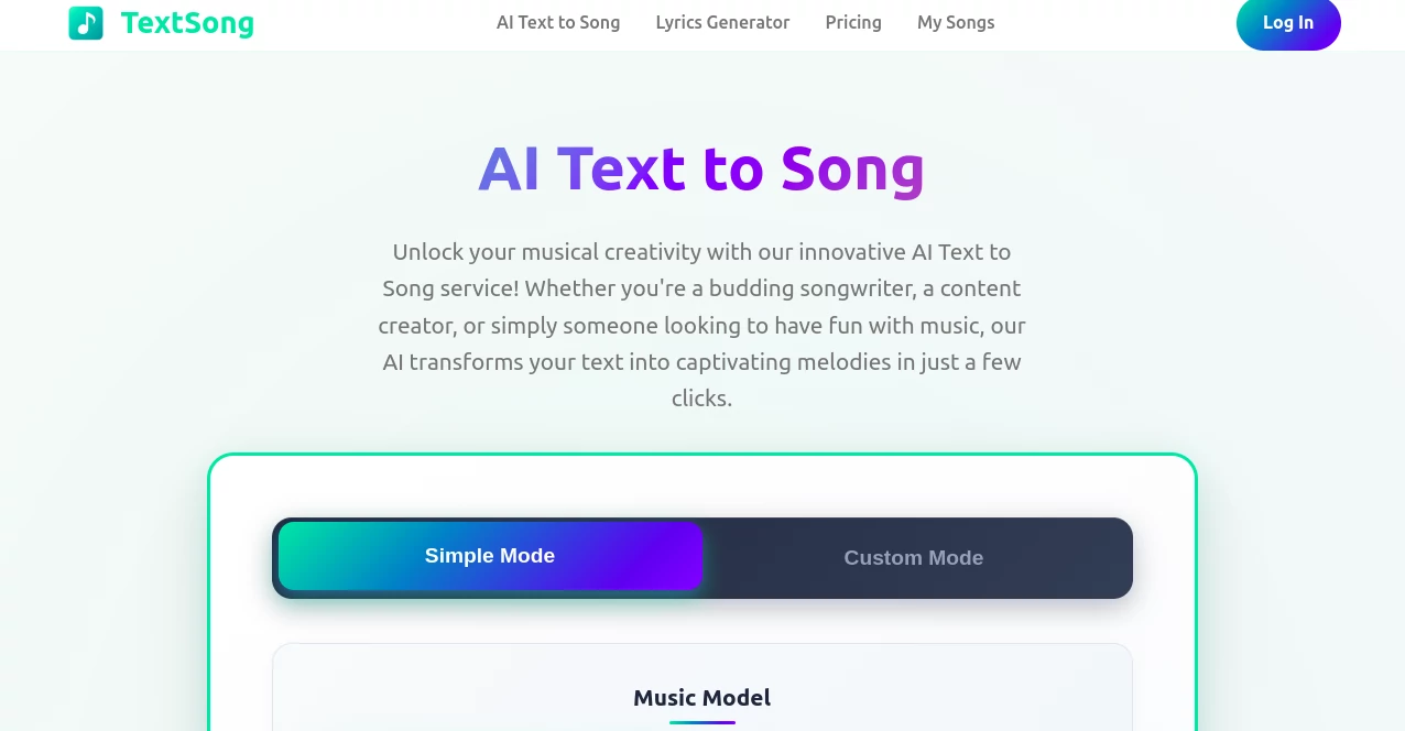 Screenshot of TextSong – An AI tool in the ,AI Music Generator  category, showcasing its interface and key features.