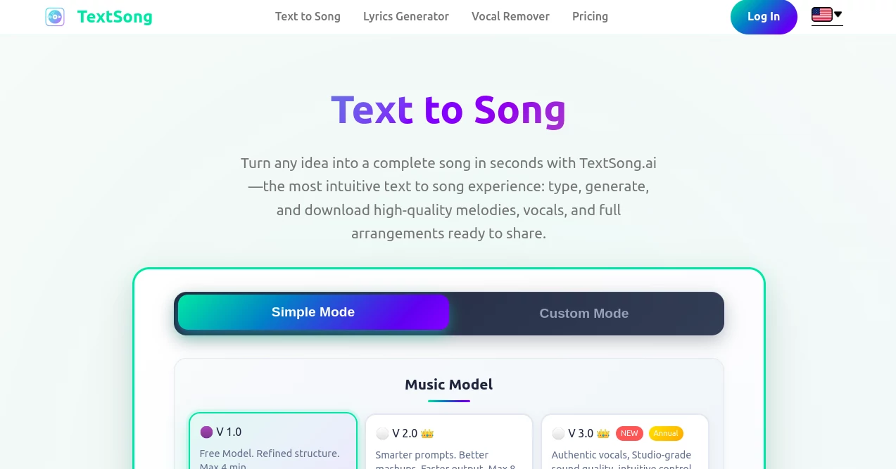 Screenshot of TextSong – An AI tool in the ,AI Lyrics Generator ,AI Creative Writing ,AI Music Generator ,AI Text to Music  category, showcasing its interface and key features.