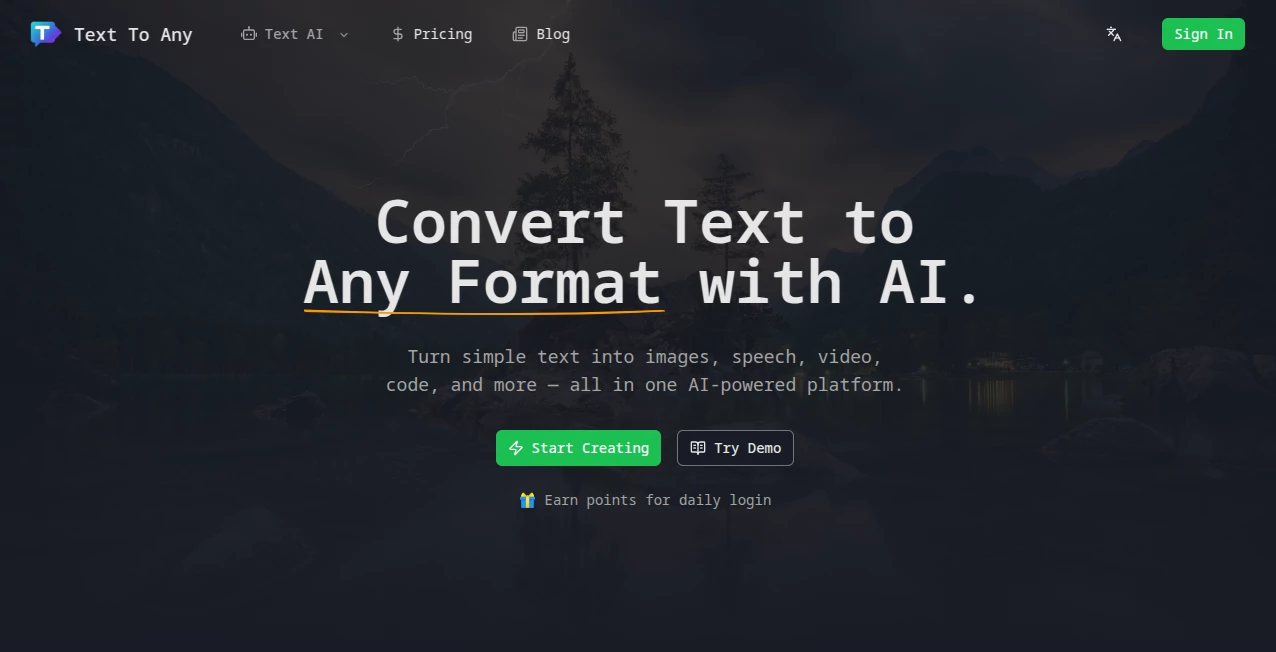Screenshot of Text To Any – An AI tool in the ,AI Content Generator ,AI Photo & Image Generator ,AI Video Generator ,AI Music Generator  category, showcasing its interface and key features.