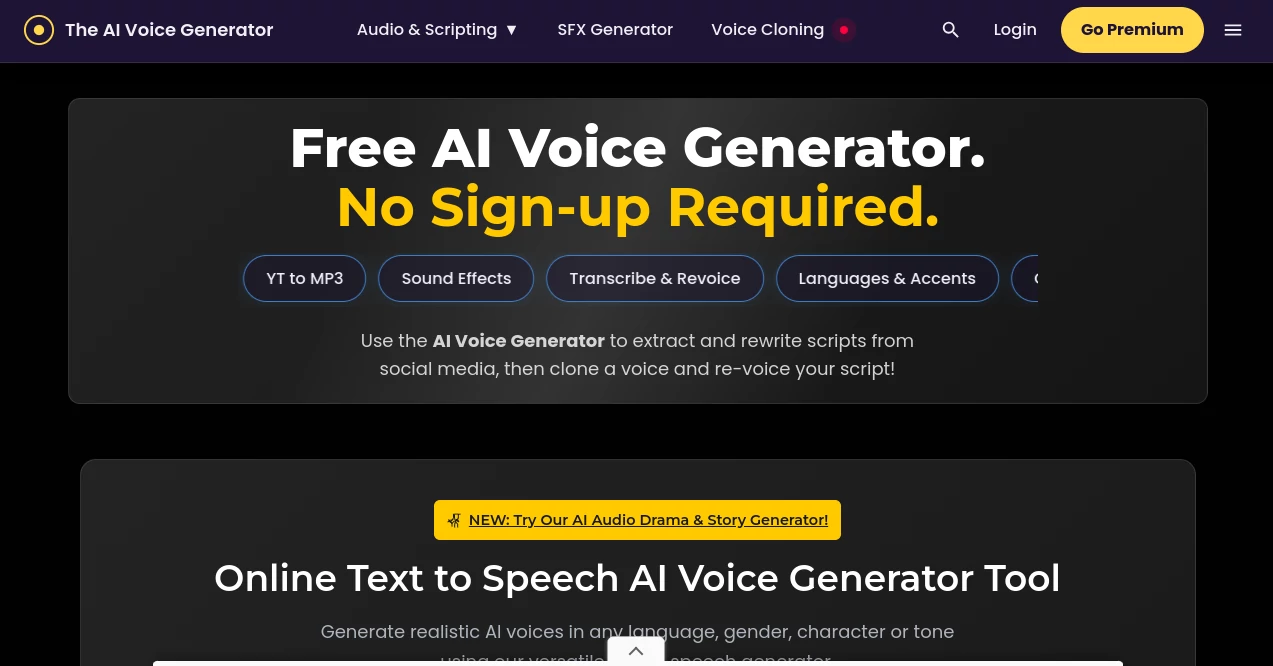 Screenshot of The AI Voice Generator – An AI tool in the ,AI Text to Speech ,AI Voice Cloning ,AI Speech Synthesis ,AI Voice Assistants  category, showcasing its interface and key features.
