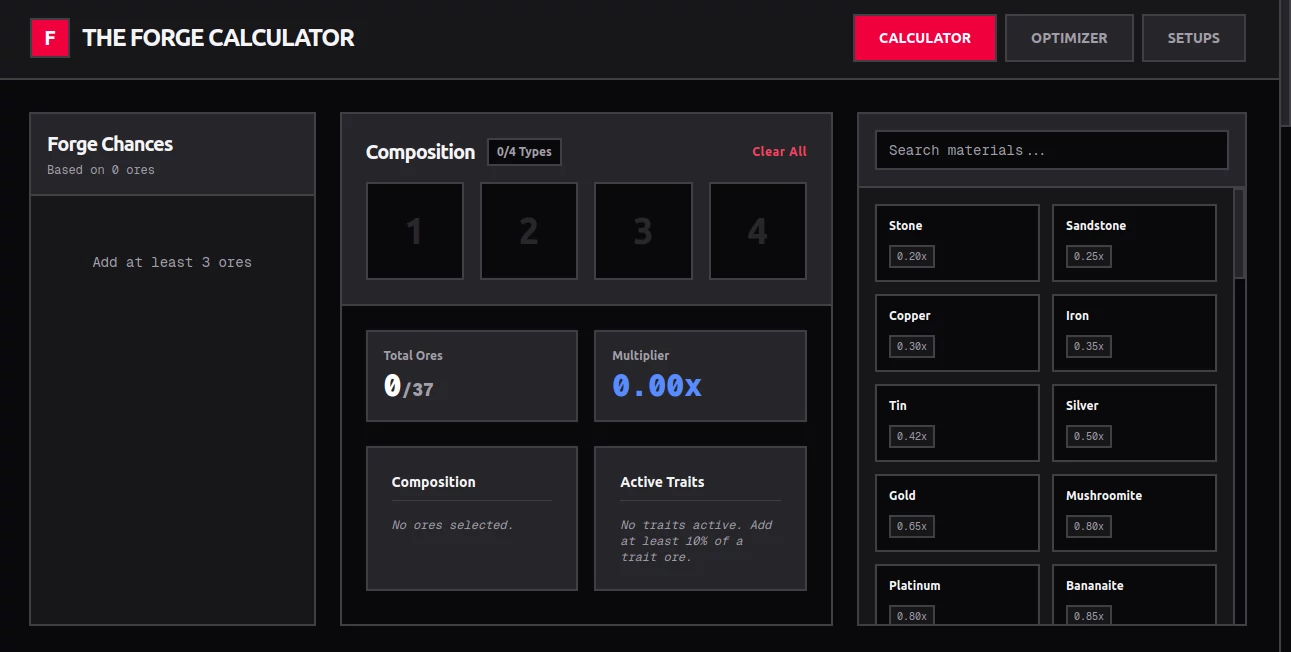 Screenshot of The Forge Calculator – An AI tool in the ,AI Fun Tools ,AI Game  category, showcasing its interface and key features.