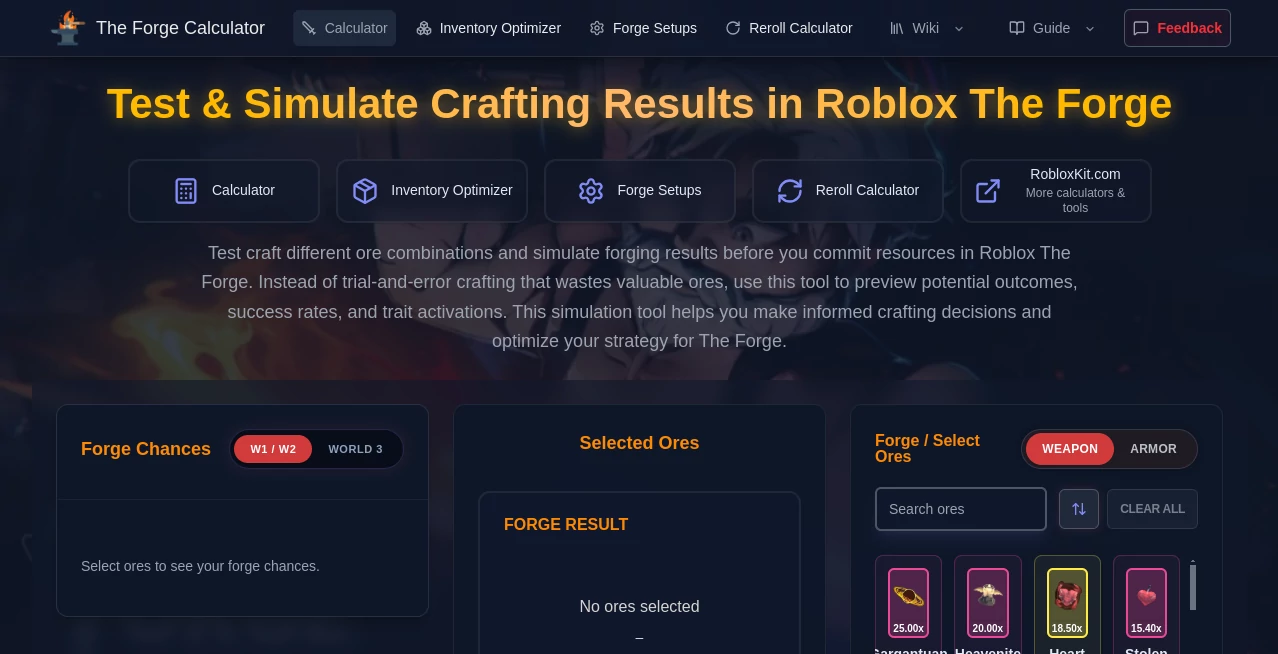 Screenshot of Roblox The Forge Calculator – An AI tool in the ,AI Game ,AI Fun Tools  category, showcasing its interface and key features.