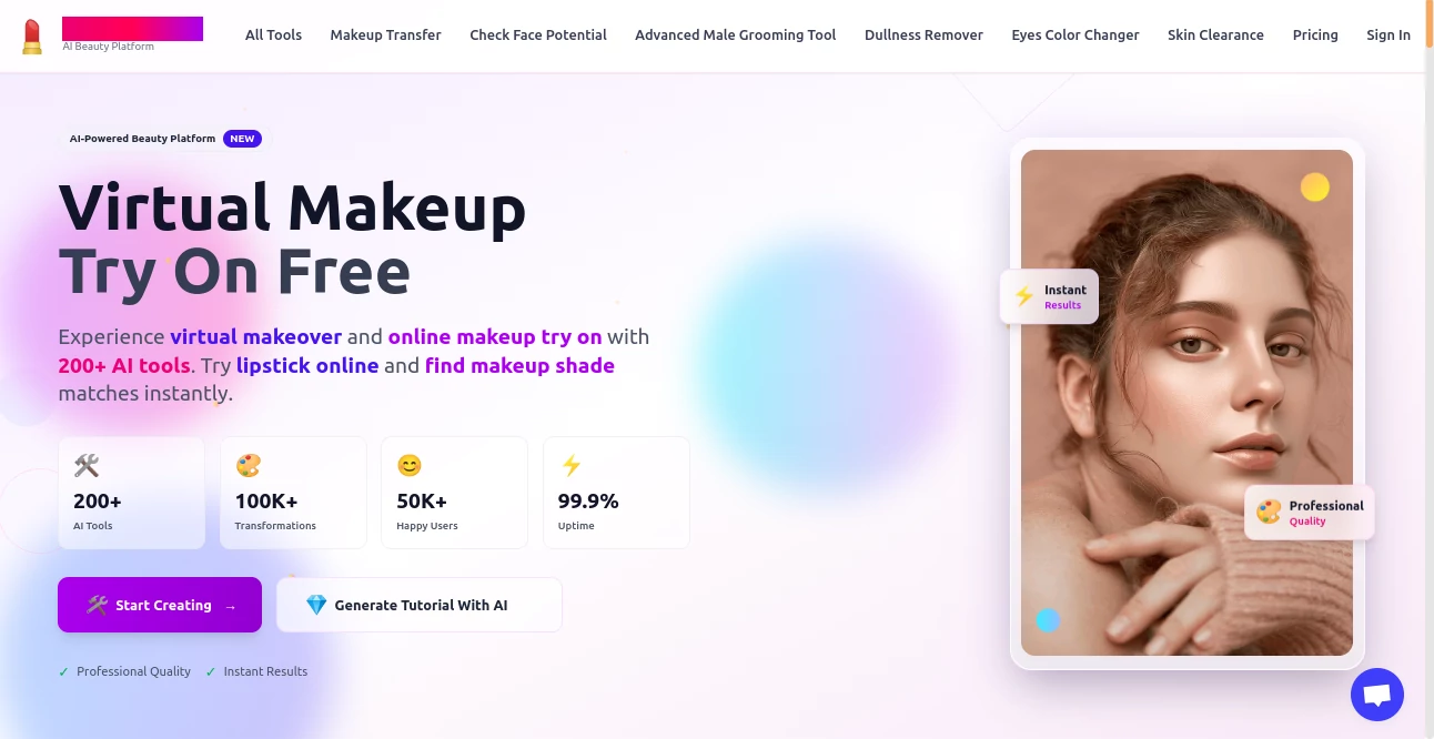 Screenshot of TheMakeupAi – An AI tool in the ,Photo & Image Editor ,AI Photo Enhancer ,AI Selfie & Portrait ,AI Art Generator  category, showcasing its interface and key features.