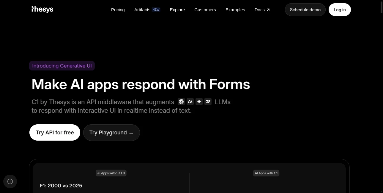 Screenshot of Thesys – An AI tool in the ,AI Website Builder ,AI No-Code & Low-Code ,AI Developer Tools ,AI App Builder  category, showcasing its interface and key features.