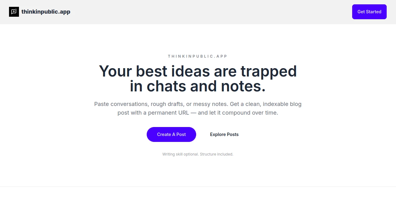 Screenshot of thinkinpublic.app – An AI tool in the ,AI Blog Writer ,AI General Writing ,AI Writing Assistants ,AI Content Generator  category, showcasing its interface and key features.