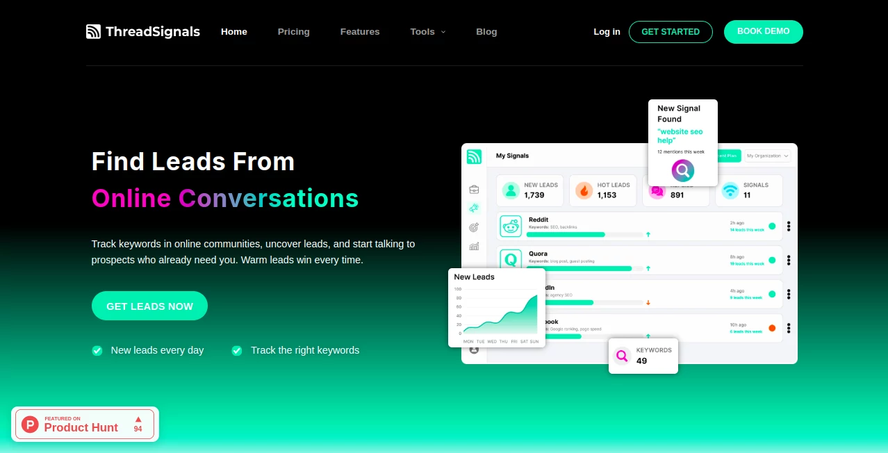 Screenshot of ThreadSignals – An AI tool in the ,AI Research Tool ,AI Social Media Assistant ,AI Marketing Plan Generator ,AI Lead Generation  category, showcasing its interface and key features.