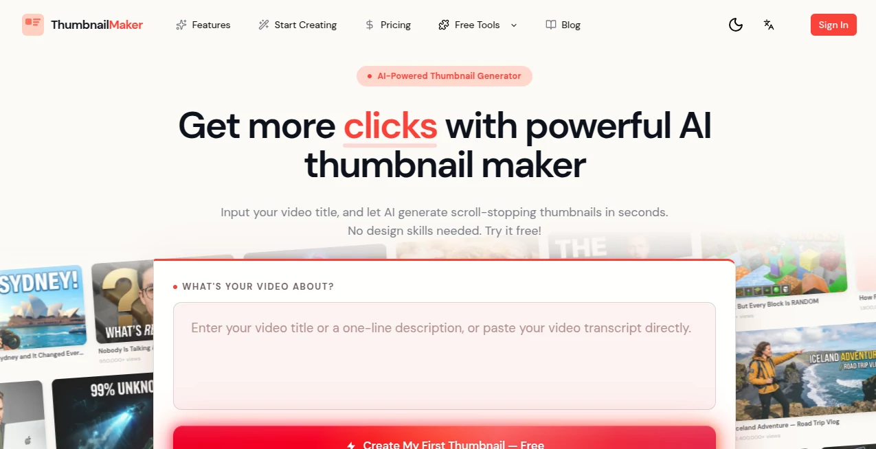 Screenshot of AI Thumbnail Maker – An AI tool in the ,Photo & Image Editor ,AI Art Generator ,AI Design Generator ,AI Thumbnail Maker  category, showcasing its interface and key features.