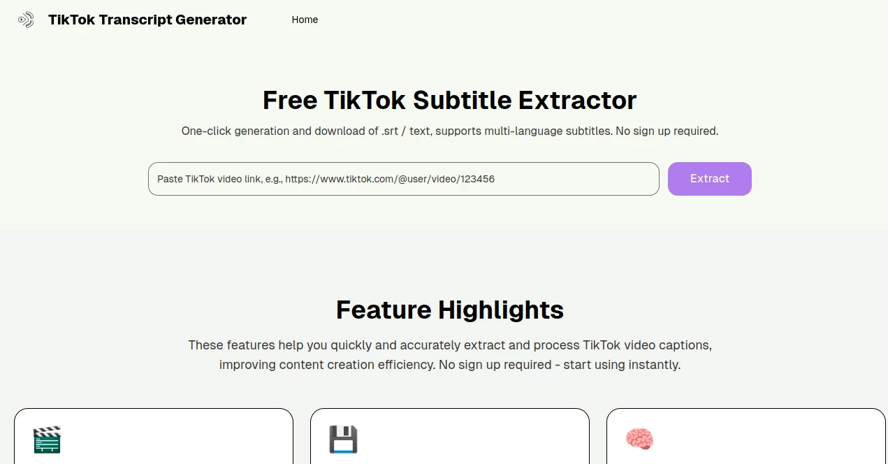 Screenshot of TikTok Transcript Generator – An AI tool in the ,AI Transcription ,AI Text to Video ,AI Speech to Text ,AI Content Detector  category, showcasing its interface and key features.