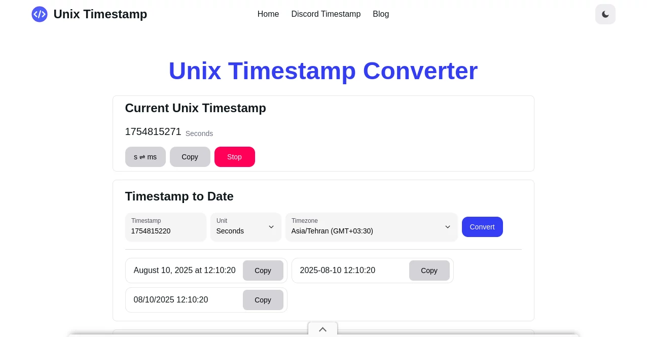Screenshot of Unix Timestamp Converter – An AI tool in the ,AI Productivity Tools  category, showcasing its interface and key features.