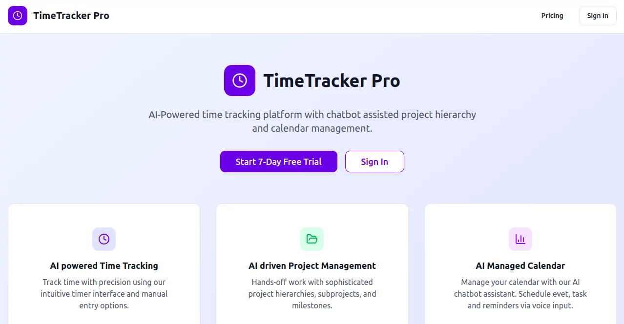 Screenshot of TimeTracker Pro – An AI tool in the ,AI Productivity Tools ,AI Task Management ,AI Team Collaboration ,AI Project Management  category, showcasing its interface and key features.