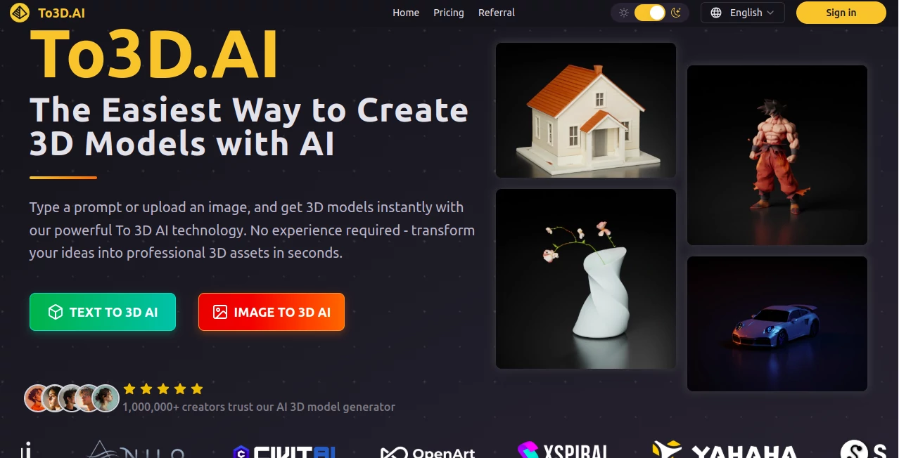 Screenshot of To3D.AI – An AI tool in the ,AI Design Generator ,AI 3D Model Generator ,AI Text to 3D ,AI Image to 3D Model  category, showcasing its interface and key features.