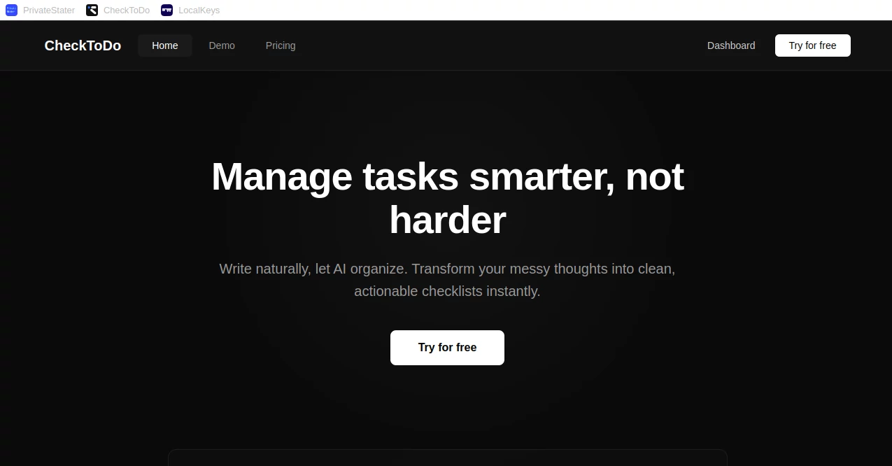 Screenshot of CheckToDo – An AI tool in the ,AI Productivity Tools ,AI Task Management ,AI Team Collaboration ,AI Project Management  category, showcasing its interface and key features.