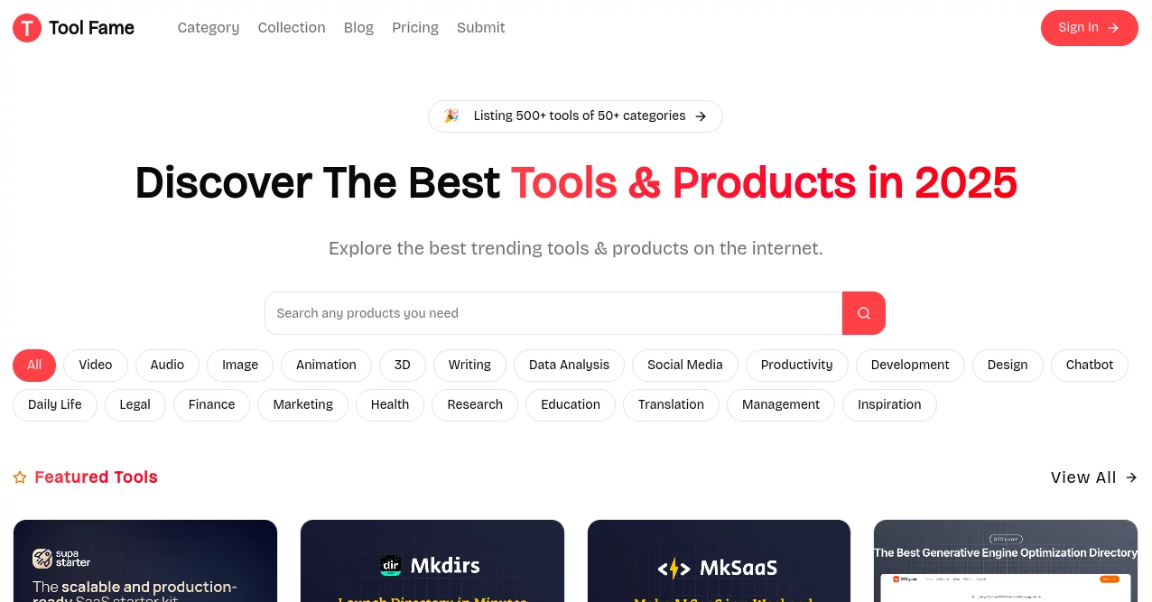 Screenshot of Tool Fame – An AI tool in the ,AI Tools Directory  category, showcasing its interface and key features.