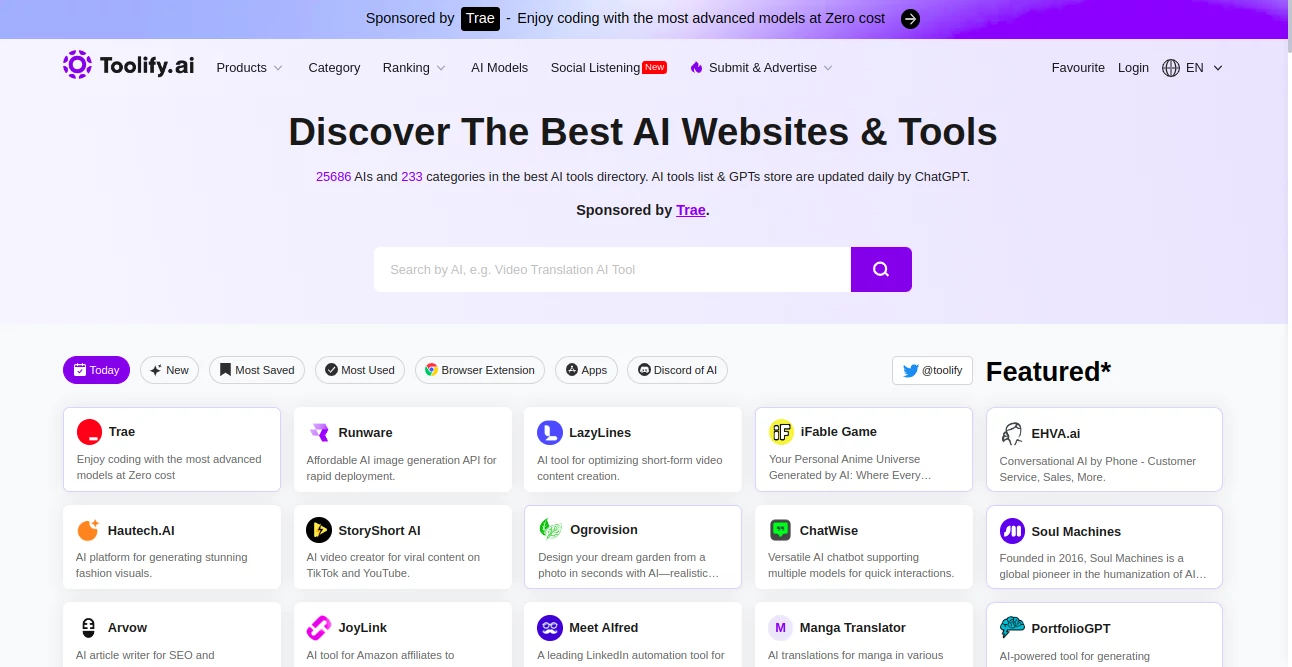Screenshot of Toolify AI – An AI tool in the ,AI Tools Directory  category, showcasing its interface and key features.