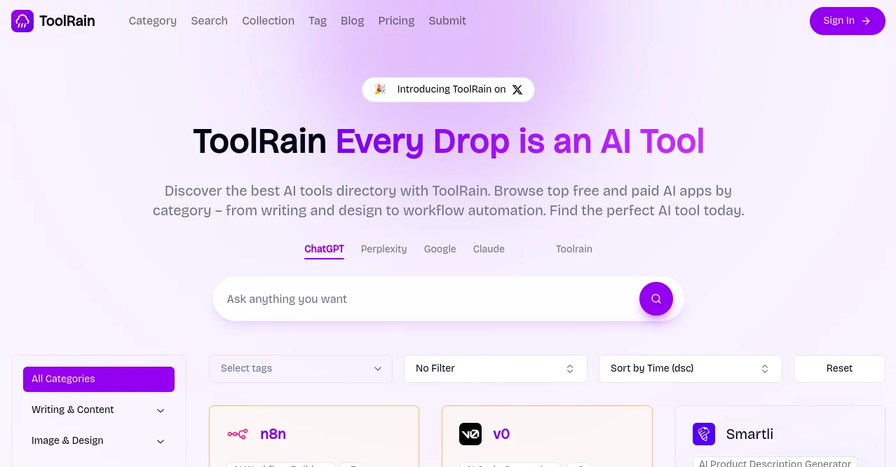 Screenshot of toolrain – An AI tool in the ,AI Tools Directory  category, showcasing its interface and key features.