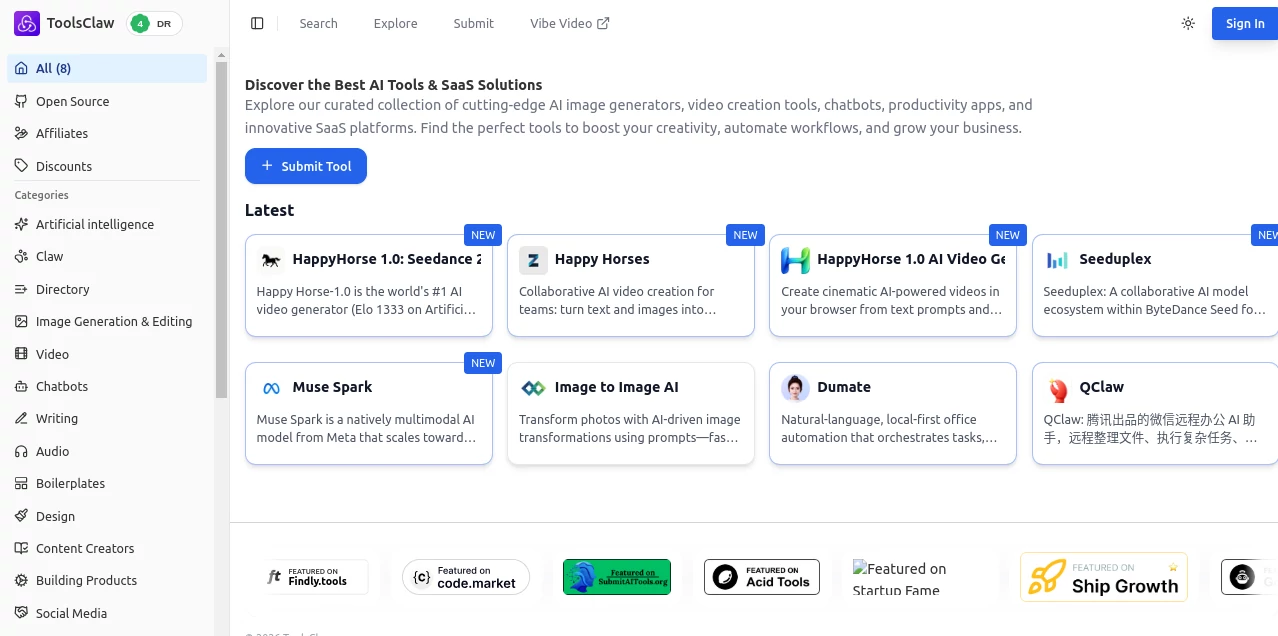 Screenshot of toolsclaw – An AI tool in the ,AI Image to Video  category, showcasing its interface and key features.