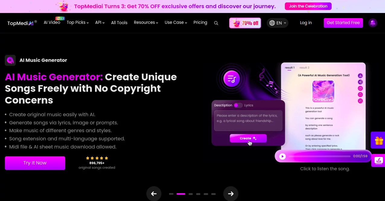 Screenshot of TopMediAI – An AI tool in the ,AI Video Generator ,AI Music Generator ,AI Text to Speech ,AI Voice Changer  category, showcasing its interface and key features.