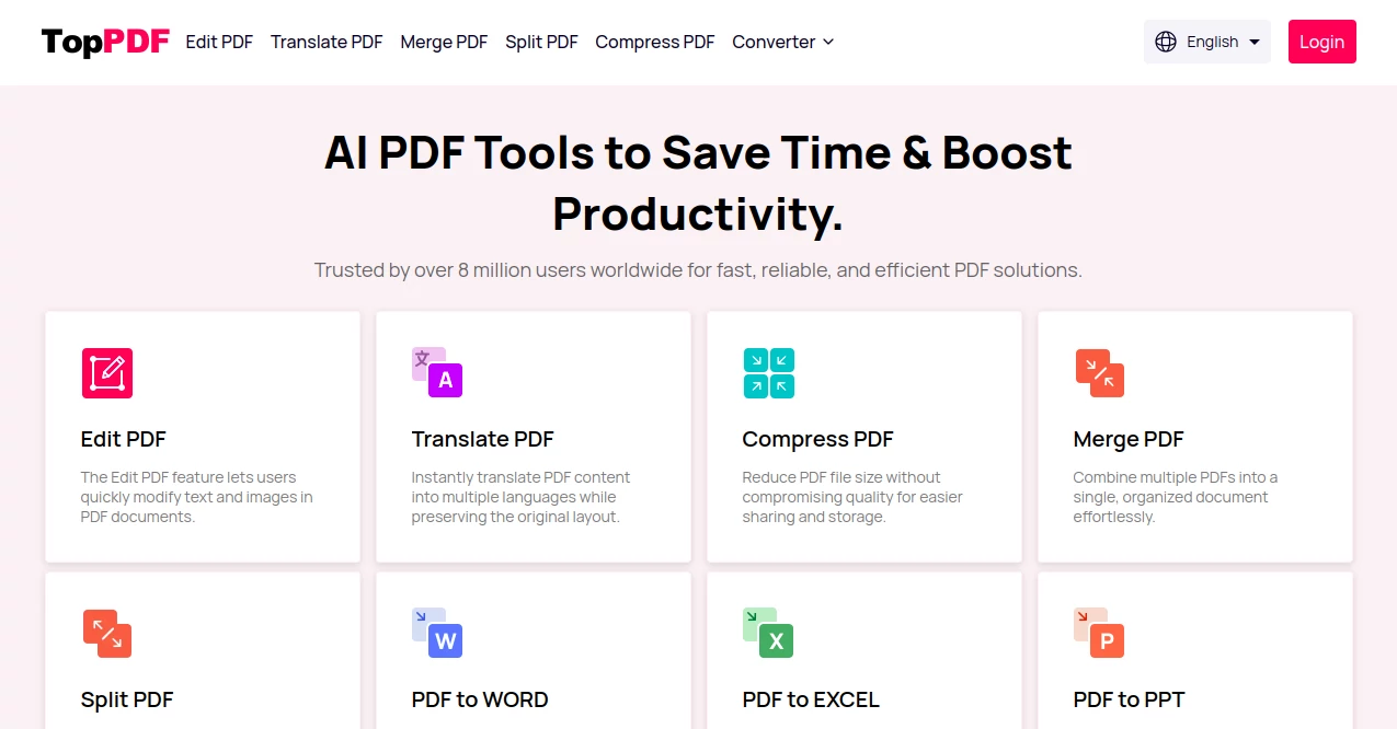 Screenshot of TopPDF – An AI tool in the ,AI Document Extraction ,AI Translate ,AI Papers ,AI Report Writing ,AI Presentation Generator ,AI Spreadsheet ,AI WORD ,AI PDF ,AI Productivity Tools  category, showcasing its interface and key features.