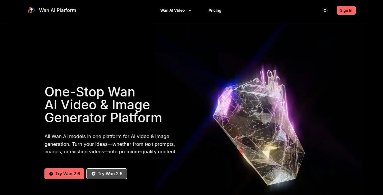 Screenshot of Wan AI – An AI tool in the ,AI Animated Video ,AI Image to Video ,AI Video Generator ,AI Text to Video  category, showcasing its interface and key features.