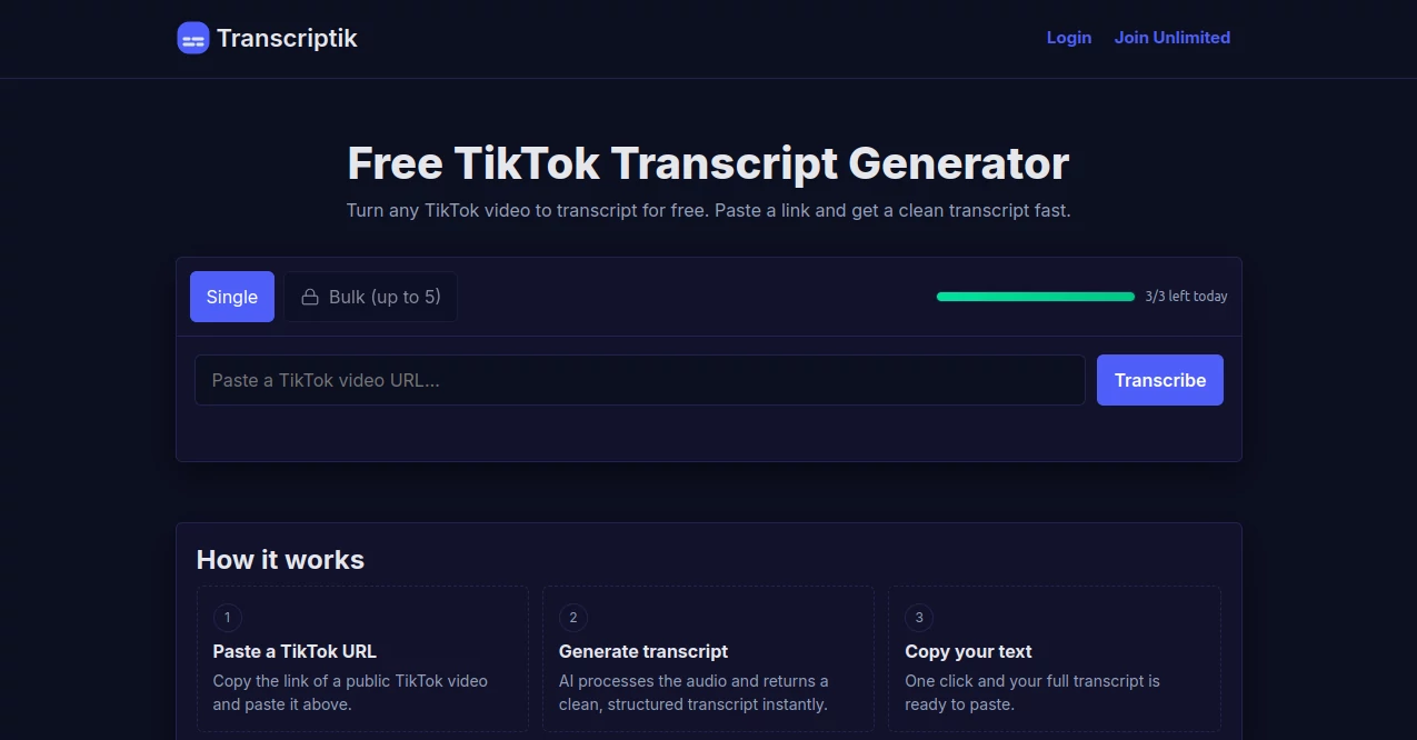Screenshot of Transcriptik – An AI tool in the ,AI Summarizer ,AI Transcription ,AI Content Generator ,AI Tiktok Assistant  category, showcasing its interface and key features.