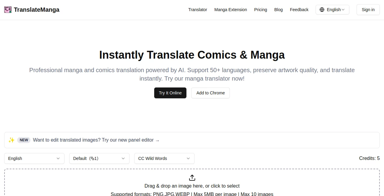 Screenshot of translatemanga – An AI tool in the ,AI Translate ,AI Rewriter ,AI Content Generator ,Photo & Image Editor  category, showcasing its interface and key features.