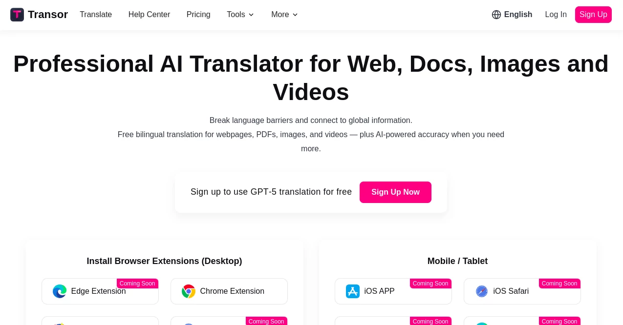Screenshot of Transor – An AI tool in the ,AI Translate ,AI Video Editor ,AI Documents Assistant ,AI Files Assistant  category, showcasing its interface and key features.