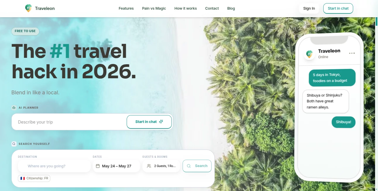 Screenshot of Traveleon – An AI tool in the ,AI Trip Planner ,AI Life Assistant  category, showcasing its interface and key features.