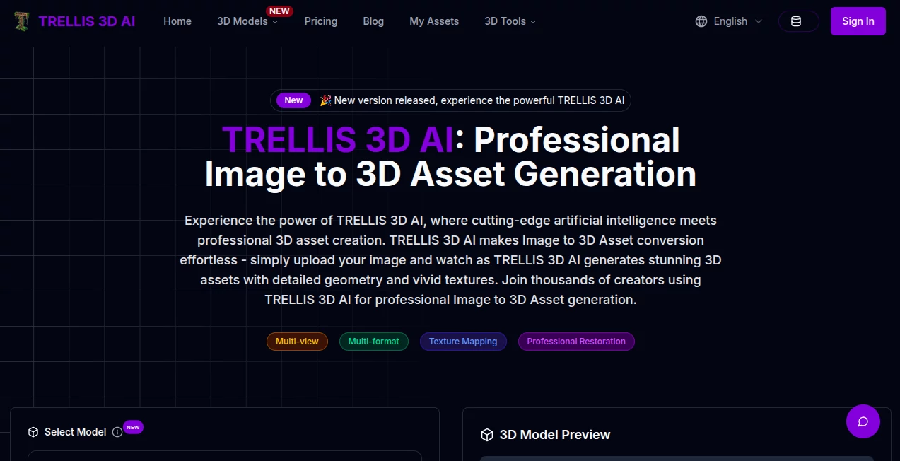 Screenshot of TRELLIS 3D AI – An AI tool in the ,Photo & Image Editor ,AI Design Generator ,AI 3D Model Generator ,AI Image to 3D Model  category, showcasing its interface and key features.