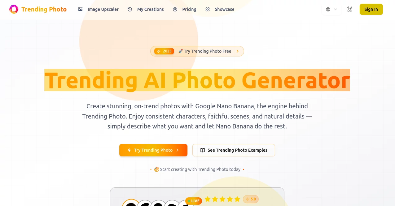 Screenshot of Trending Photo – An AI tool in the ,AI Photo & Image Generator ,Photo & Image Editor ,AI Image to Image  category, showcasing its interface and key features.
