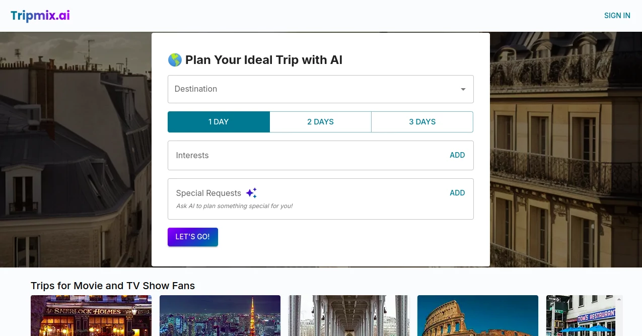 Screenshot of Tripmix AI – An AI tool in the ,AI Trip Planner ,AI Life Assistant ,AI Fun Tools ,Other  category, showcasing its interface and key features.